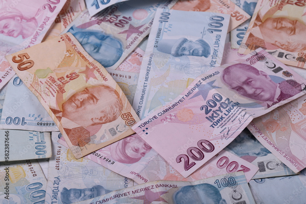 Obraz premium Turkish banknotes. TRY or TL. Numbers macro shot.5,10,20,200 Turkish Lira