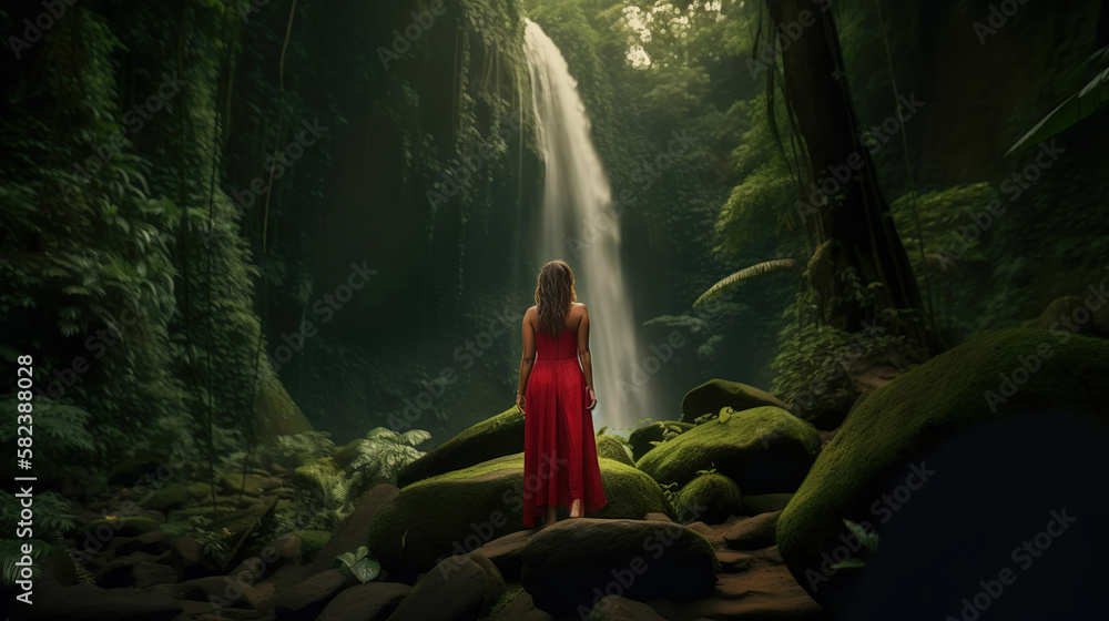 beautiful woman in red dress in a lush tropical rainforest with waterfall, generative ai