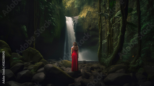 beautiful woman in red dress in a lush tropical rainforest with waterfall  generative ai