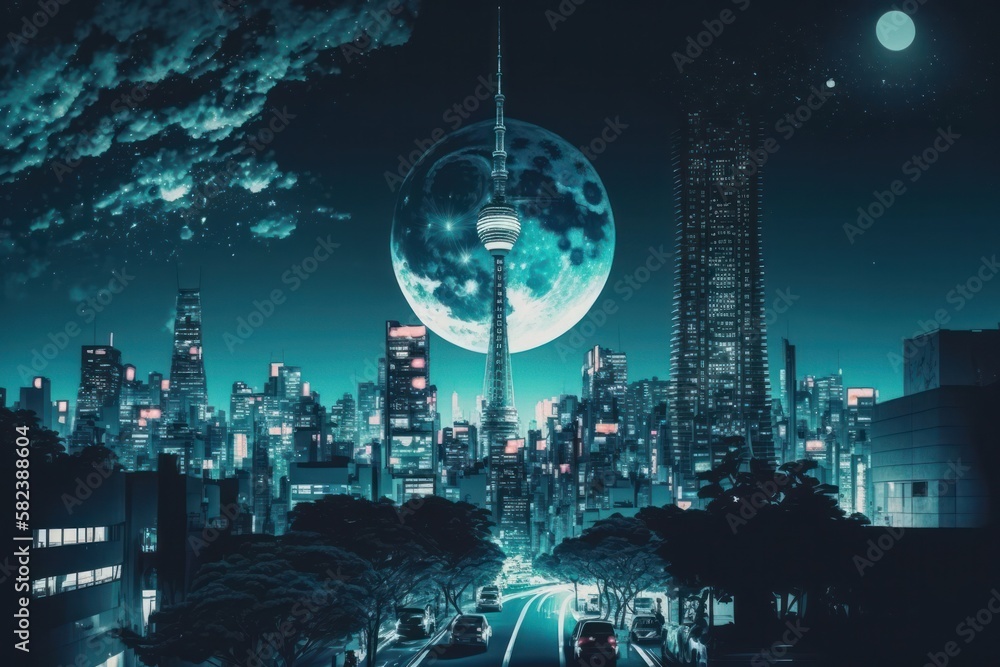 City skyline with a full moon, an illustration of art, Japan Tokyo