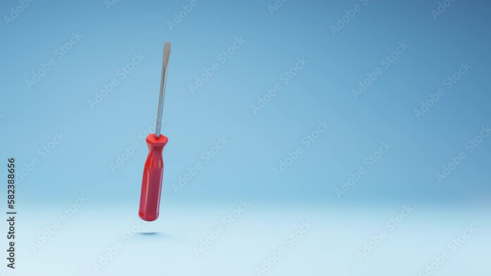 Red Screwdriver Spinning on a Studio Blue Background, Seamless Loop 3D Animation with Copy Space Red Screwdriver Spinning on a Studio Blue Background, Seamless Loop 3D Animation with Copy Space