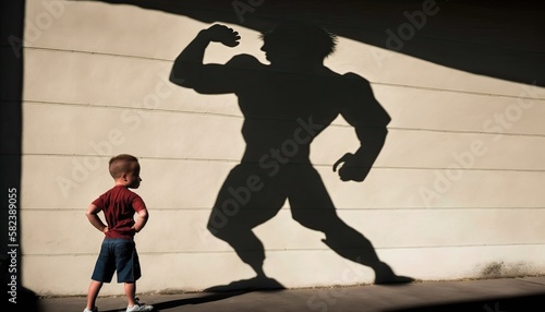 Little kid boy with strongman athlete shadow on wall, young boy wishing grow up and be strong big man, childhood dream about adult future concept. Little guy imagines himself in adult, generative AI