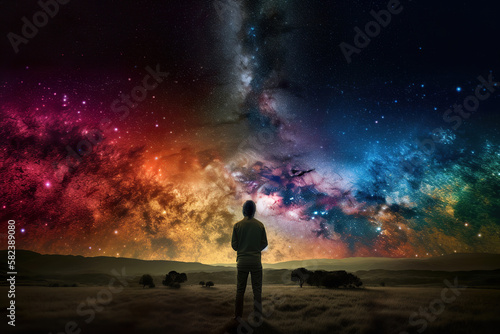 silhouette of a person looking the edge of the colorful universe, beautiful abstract landscape, generative ai