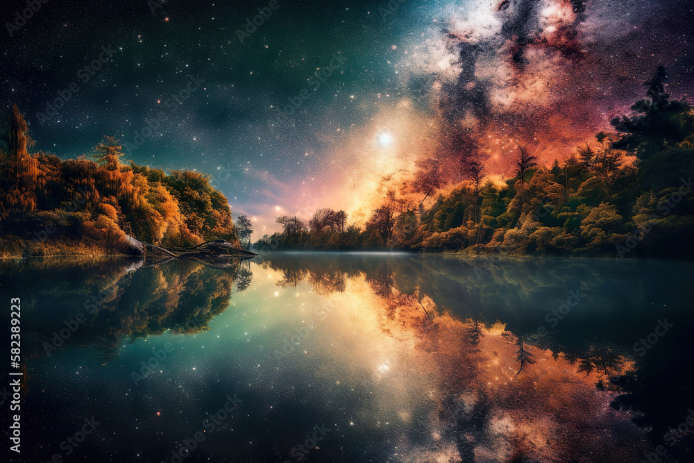 beautiful fantasy night sky over the lake, generative ai