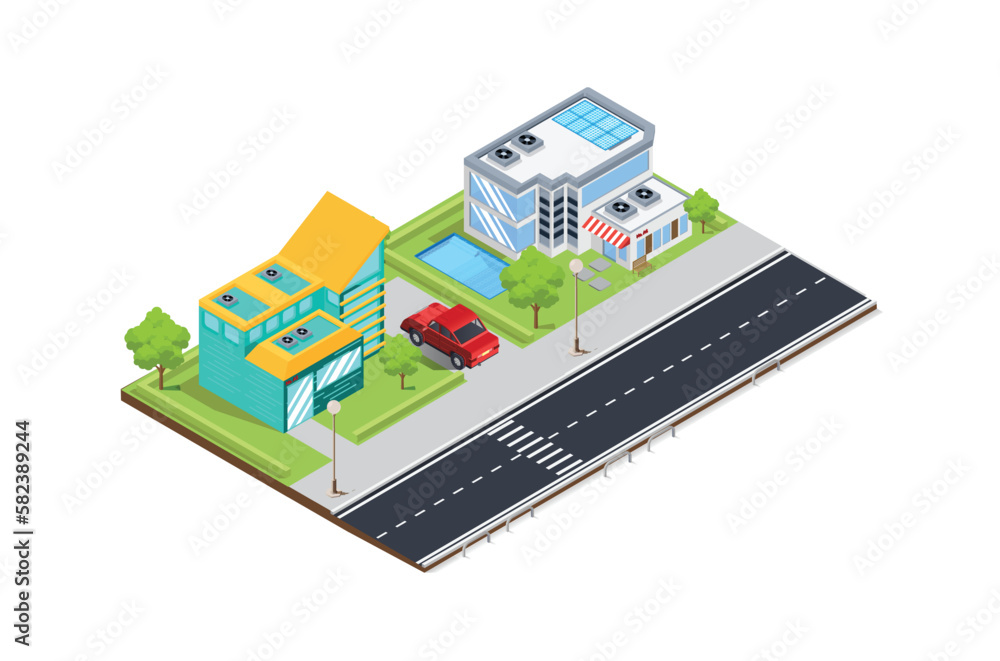 Vector isometric Suburbian buildings composition with outdoor view of two neighbourhood areas with villas and residential yards. 