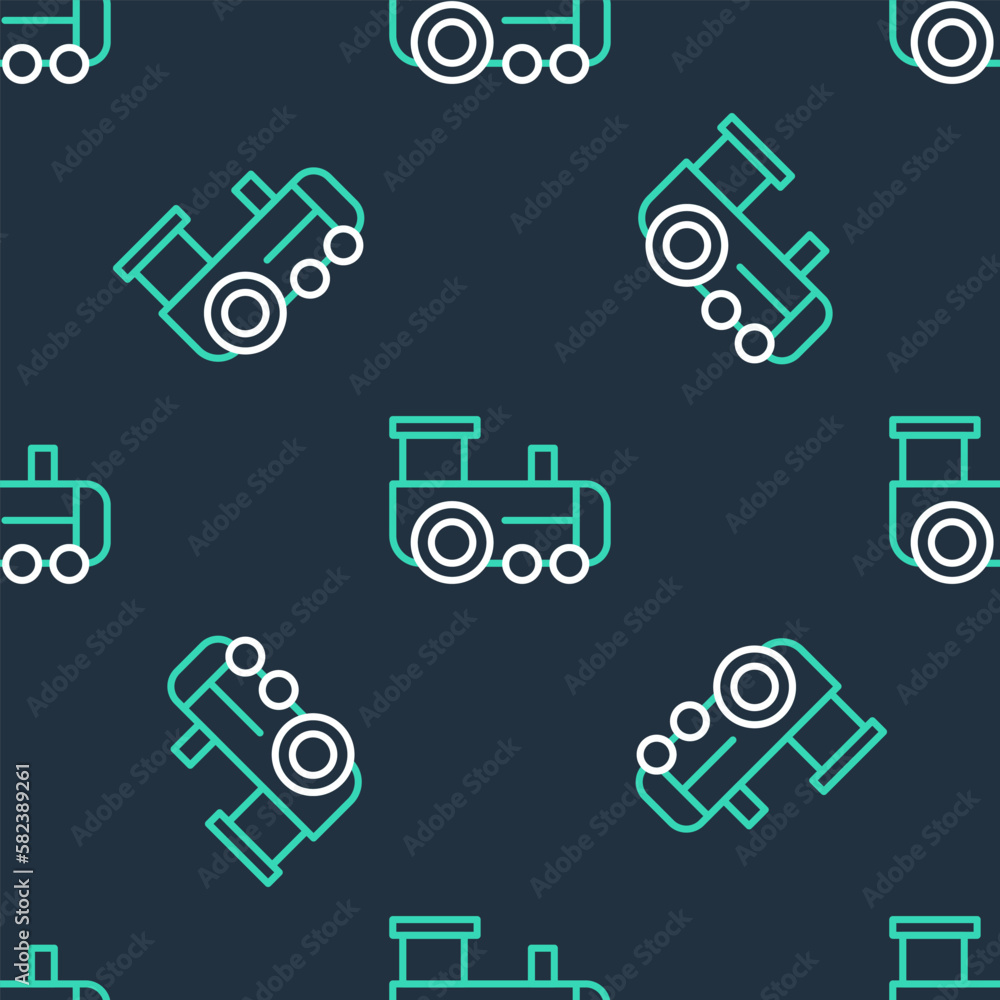 Line Toy train icon isolated seamless pattern on black background. Vector