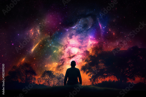 silhouette of a person looking the edge of the colorful universe, beautiful abstract landscape, generative ai © Gbor