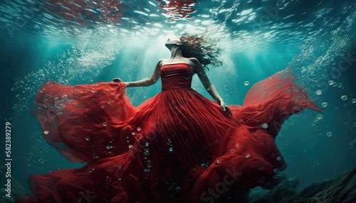 Woman in billowing red dress underwater walking rear view, beautiful undersea world scape with alone red dressed girl, romantic love surreal travel dreaming concept, generative AI photo