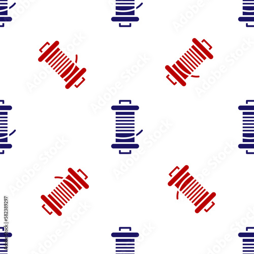 Blue and red Spinning reel for fishing icon isolated seamless pattern on white background. Fishing coil. Fishing tackle. Vector