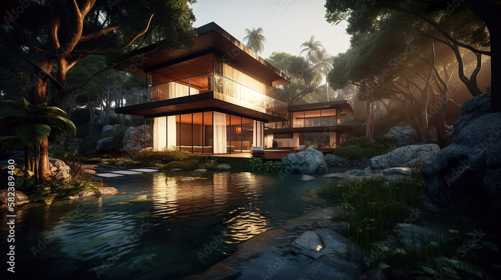 modern luxury villa building in the tropical mountain forest, generative ai