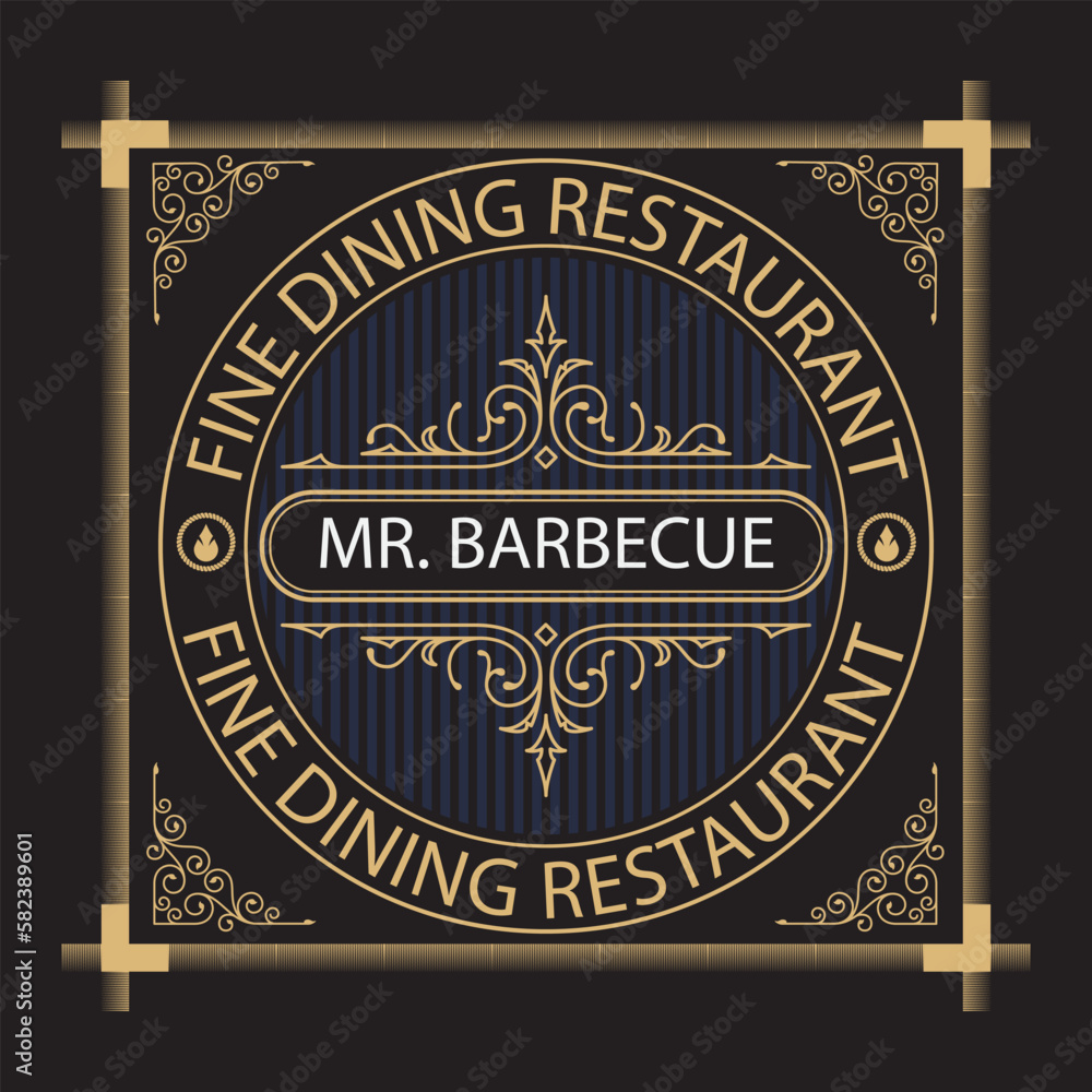 Barbecue logo. Mr. Barbecue Fine Dining restaurant, food party, vintage design element. Vector illustration.