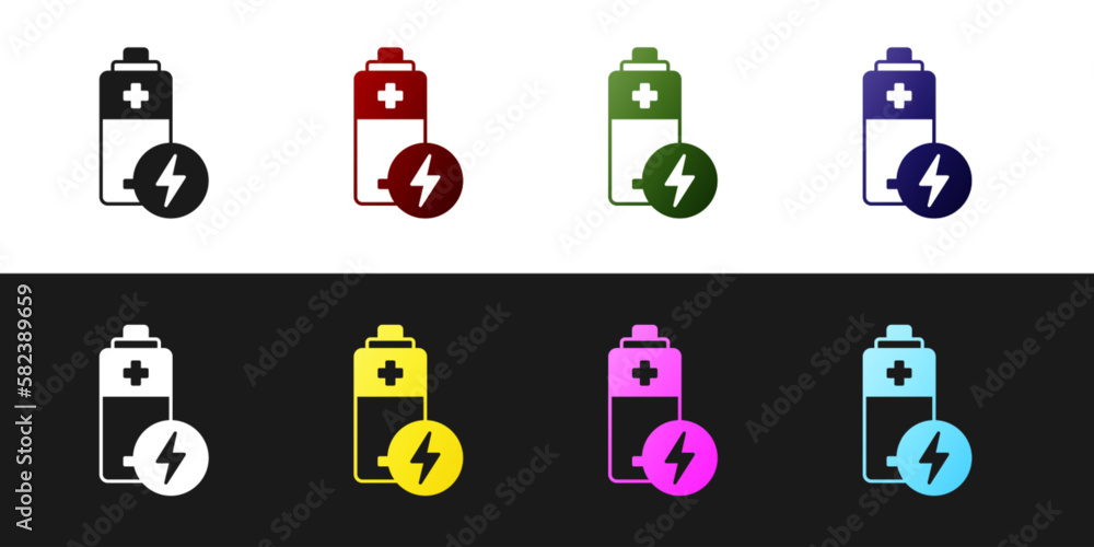 Set Battery icon isolated on black and white background. Lightning bolt symbol. Vector Set Battery icon isolated on black and white background. Lightning bolt symbol. Vector