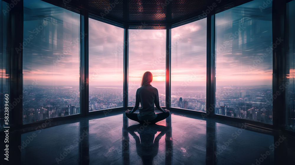 silhouette of a beautiful woman meditating in the windows, overlooking to the city, generative ai
