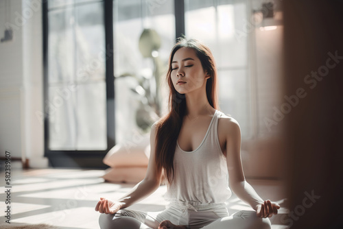 beautiful young woman doing relaxing yoga meditation exercise, generative ai