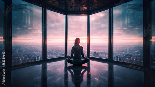 silhouette of a beautiful woman meditating in the windows, overlooking to the city, generative ai