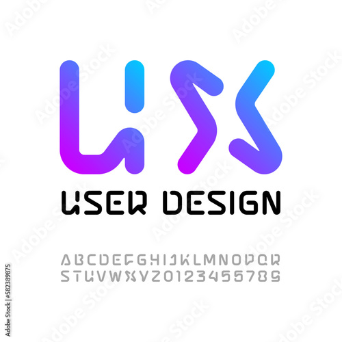 Technical font, digital alphabet, trendy uppercase Latin letters from A to Z and Arab numbers from 0 to 9 for you ui ux designs, vector illustration 10EPS