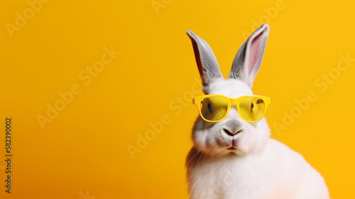 Fotografia Cool bunny with sunglasses on colorful background. Generative AI