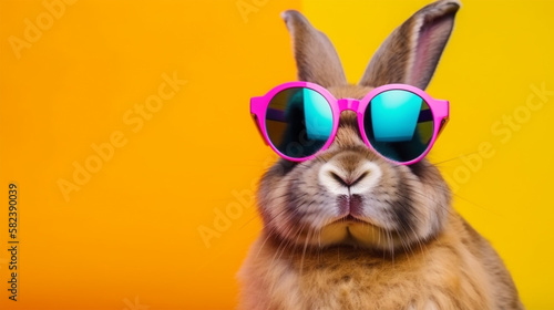 Cool bunny with sunglasses on colorful background. Generative AI