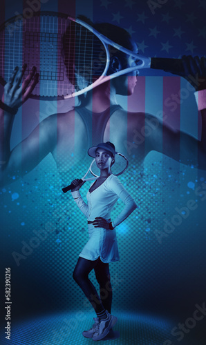 Tennis, flag and usa with a sports woman in studio standing against an overlay background as a patriot. Fitness, health and america with a young female athlete posing hand on hip holding her racket © Allistair/peopleimages.com
