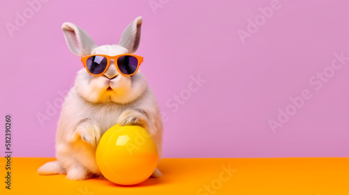Cool bunny with sunglasses on colorful background. Generative AI