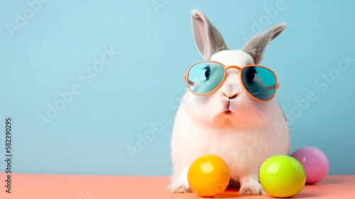 Cool bunny with sunglasses on colorful background. Generative AI