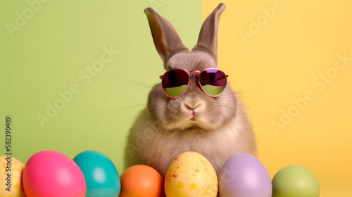 Cool bunny with sunglasses on colorful background. Generative AI