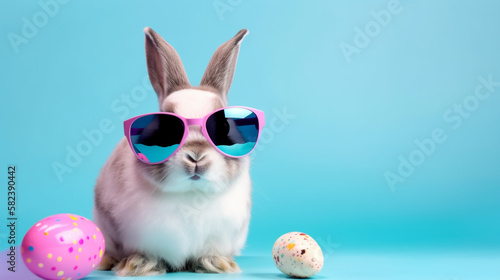 Cool bunny with sunglasses on colorful background. Generative AI