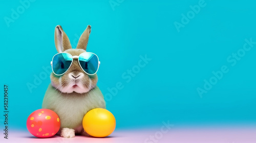 Cool bunny with sunglasses on colorful background. Generative AI