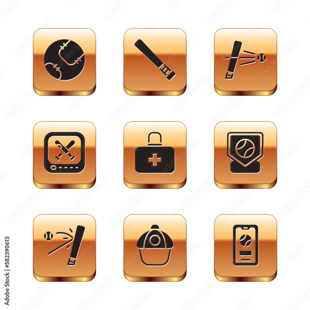 Set Baseball ball, bat with, cap, First aid kit, Monitor baseball game, Mobile and icon. Vector Set Baseball ball, bat with, cap, First aid kit, Monitor baseball game, Mobile and icon. Vector