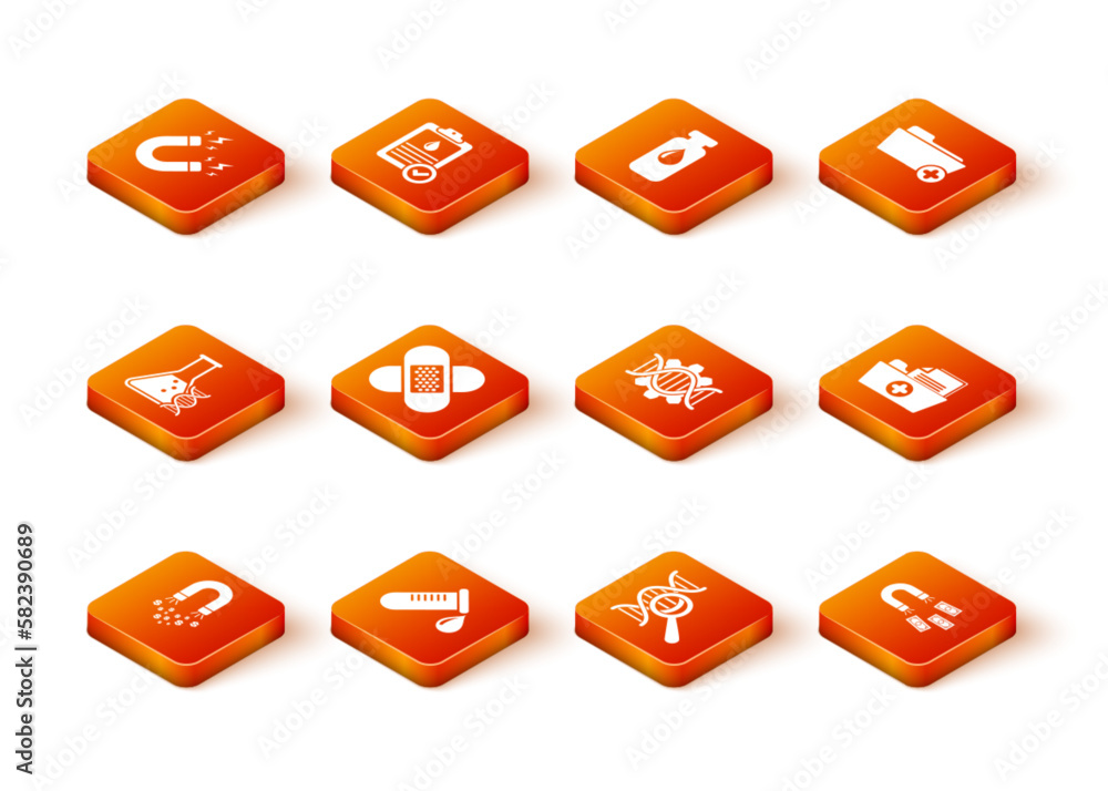 Set Magnet with money, Test tube drop of blood, DNA research, search, Crossed bandage plaster, and Genetic engineering icon. Vector Set Magnet with money, Test tube drop of blood, DNA research, search, Crossed bandage plaster, and Genetic engineering icon. Vector