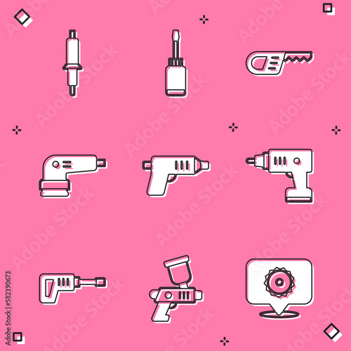 Set Soldering iron, Screwdriver, Reciprocating saw, Electric sander, cordless screwdriver, Rotary hammer drill machine and Paint spray gun icon. Vector