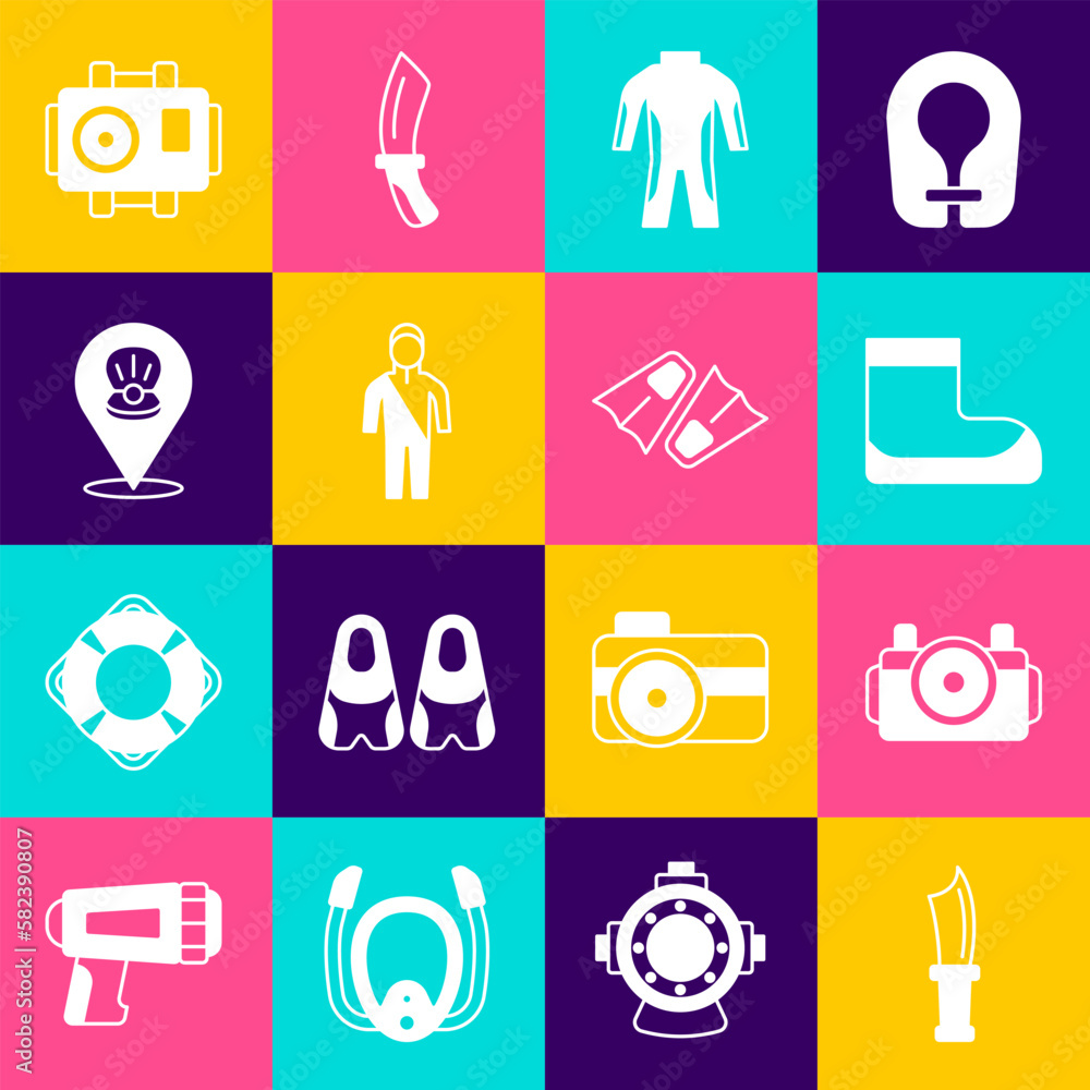 Set Diving knife, Photo camera for diver, Boots, Wetsuit scuba diving, Scallop sea shell, and Flippers swimming icon. Vector Set Diving knife, Photo camera for diver, Boots, Wetsuit scuba diving, Scallop sea shell, and Flippers swimming icon. Vector