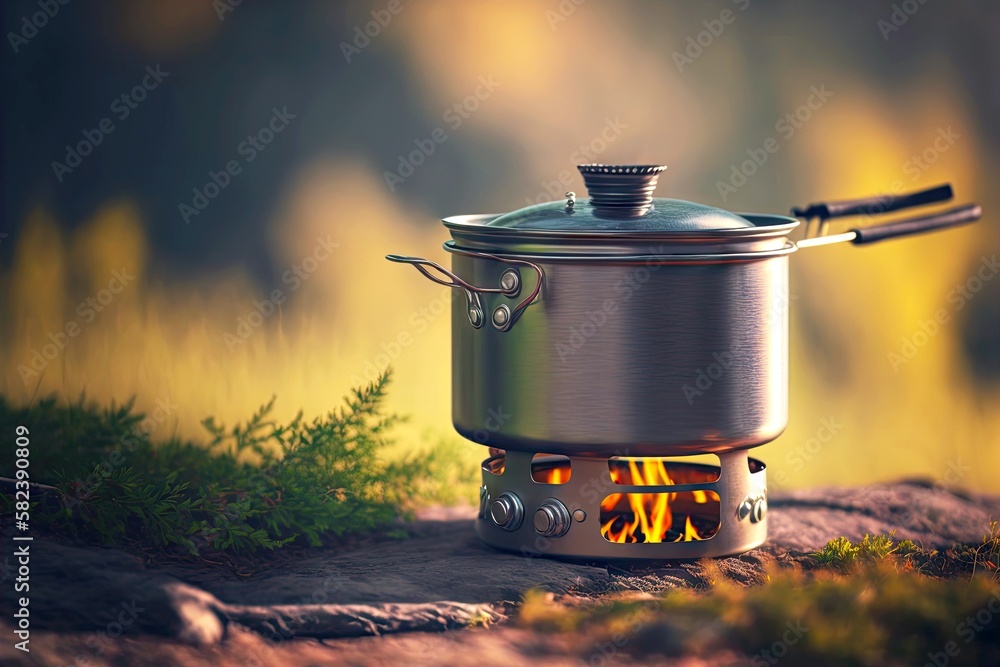 camping pot with steel pot on gas burner on blurry background, created
