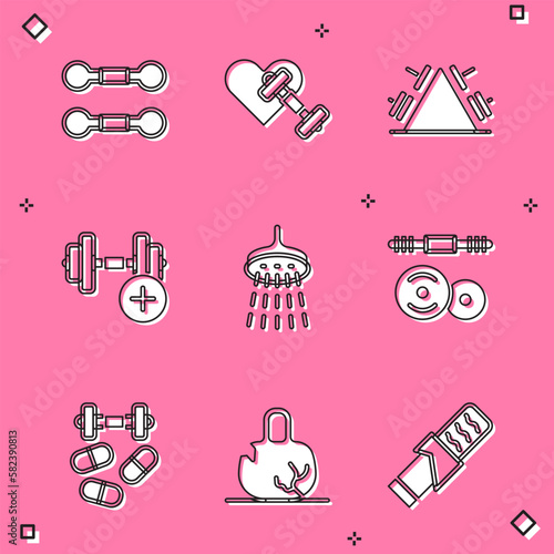 Set Dumbbell, with heart, Metal rack weight, Shower, Barbell, Sports doping dumbbell and Broken icon. Vector