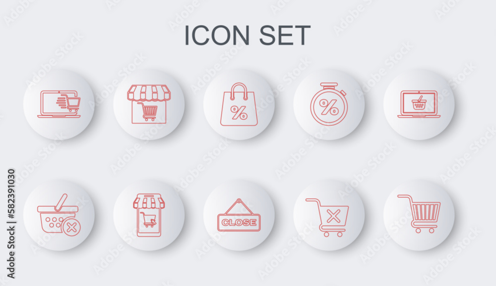 Set line Shopping cart, Remove shopping basket, bag with percent, on laptop, Market store, Mobile and and Hanging sign Close icon. Vector Set line Shopping cart, Remove shopping basket, bag with percent, on laptop, Market store, Mobile and and Hanging sign Close icon. Vector