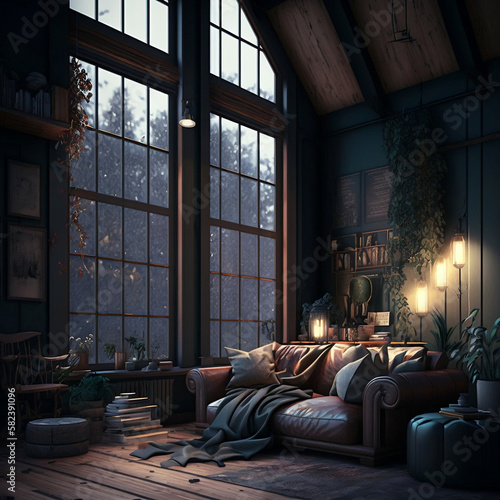 A dark, cozy interior background for a loft-style living room