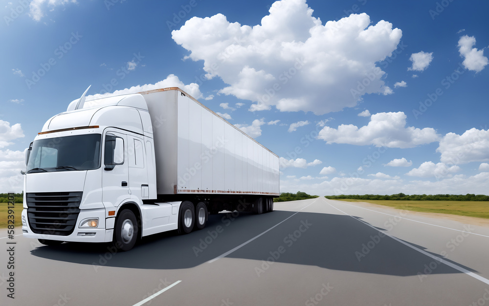Naklejka premium A white truck is driving on the road. Clean and empty space in the side view. Beautiful summer landscape as background, blue sky with clouds, forest and hill. Generative AI.