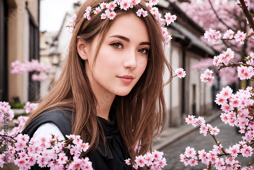 Portrait of a beautiful woman on a background of city street and sakura blossoms. Generative AI.