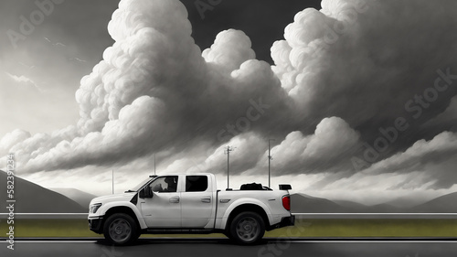 A pickup truck is driving down the road. Dark dramatic landscape as background, gloomy sky with rainy clouds, forest and hill. Generative AI.