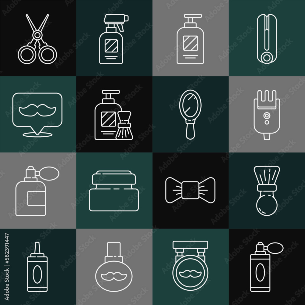 Set line Aftershave bottle with atomizer, Shaving brush, Electrical hair clipper or shaver, Bottle of shampoo, gel foam and, Barbershop, Scissors hairdresser and Hand mirror icon. Vector Set line Aftershave bottle with atomizer, Shaving brush, Electrical hair clipper or shaver, Bottle of shampoo, gel foam and, Barbershop, Scissors hairdresser and Hand mirror icon. Vector