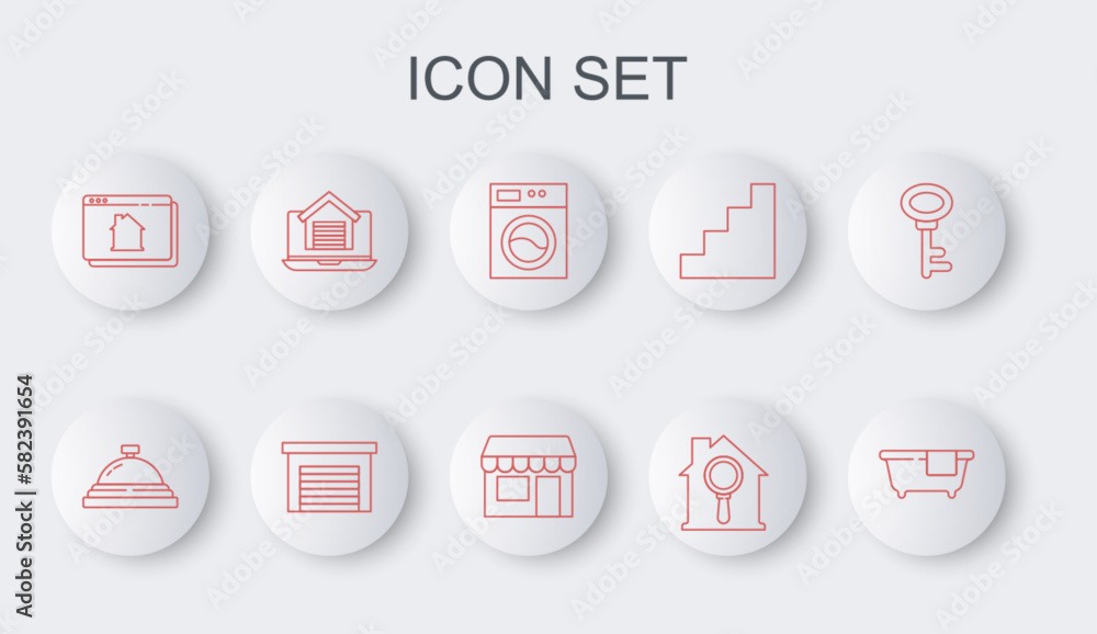 Set line Bathtub, Hotel service bell, Washer, Search house, Online real estate, Garage and Market store icon. Vector Set line Bathtub, Hotel service bell, Washer, Search house, Online real estate, Garage and Market store icon. Vector