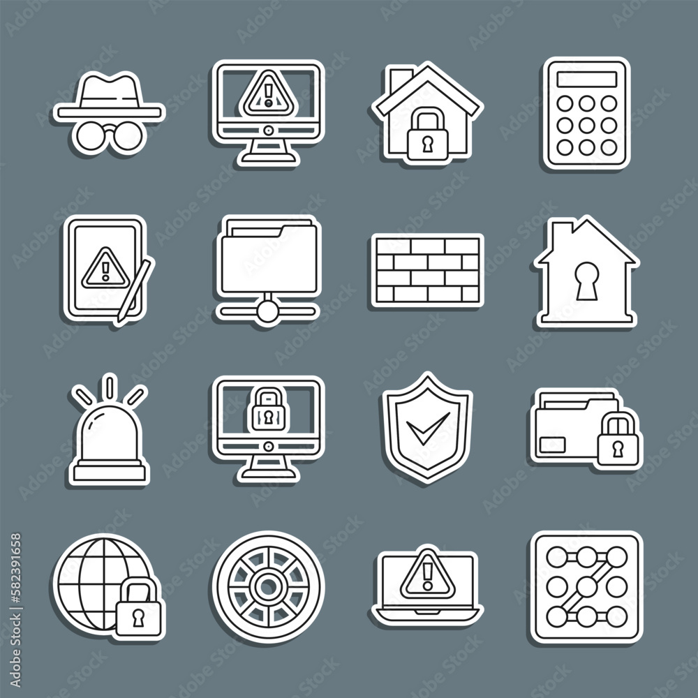 Set line Graphic password protection, Folder and lock, House under, FTP folder, Tablet with exclamation mark, Incognito mode and Firewall, security wall icon. Vector Set line Graphic password protection, Folder and lock, House under, FTP folder, Tablet with exclamation mark, Incognito mode and Firewall, security wall icon. Vector