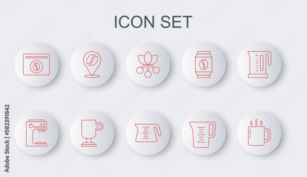 Set line Coffee cup, machine, bean, branch, Jug glass with water, Bag coffee beans, Location, Irish and pot icon. Vector Set line Coffee cup, machine, bean, branch, Jug glass with water, Bag coffee beans, Location, Irish and pot icon. Vector