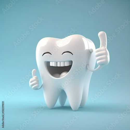 A 3D realistic white tooth character, portrayed as happy, giving a thumbs-up on a bright background. This cartoon character symbolizes the concepts of cleaning and whitening teeth