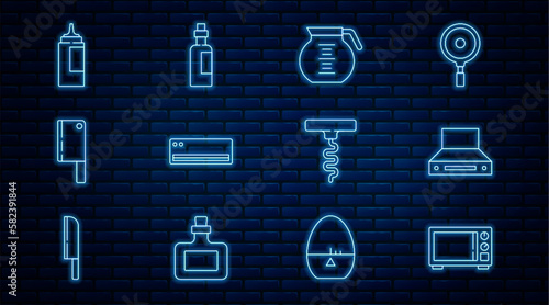 Set line Microwave oven, Kitchen extractor fan, Coffee pot, Air conditioner, Meat chopper, Sauce bottle, Wine corkscrew and Bottle olive oil icon. Vector