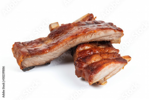 Hot grilled spare ribs with barbecue sauce isolated on white background. Ai generative