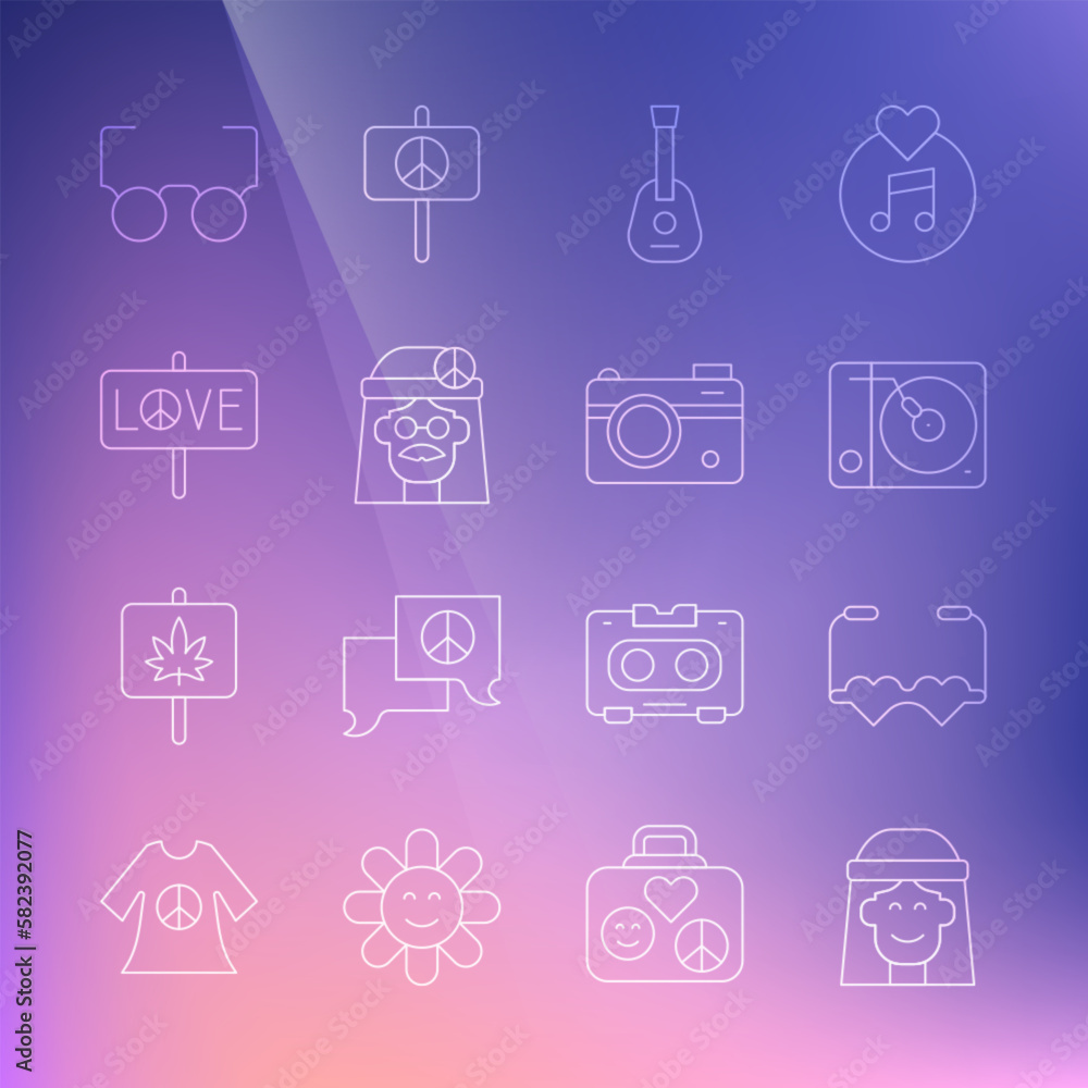 Set line Hippie girl, Heart shaped love glasses, Vinyl player, Guitar, Peace, Glasses and Photo camera icon. Vector Set line Hippie girl, Heart shaped love glasses, Vinyl player, Guitar, Peace, Glasses and Photo camera icon. Vector