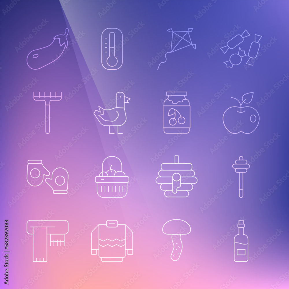 Set line Bottle of wine, Honey dipper stick, Apple, Kite, Dove, Garden rake, Eggplant and Jam jar icon. Vector Set line Bottle of wine, Honey dipper stick, Apple, Kite, Dove, Garden rake, Eggplant and Jam jar icon. Vector