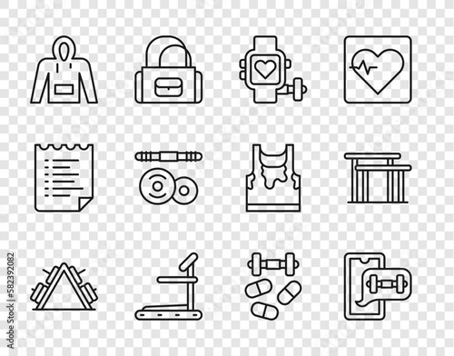 Set line Metal rack with weight, Fitness app, Smart watch heart, Treadmill machine, Hoodie, Barbell, Sports doping dumbbell and Uneven bars icon. Vector