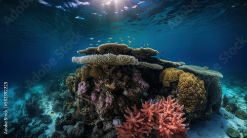 Coral Reef  in Undersea  Coral Reef in Aquarium  Tropical Fish in Sunlight  Generative AI